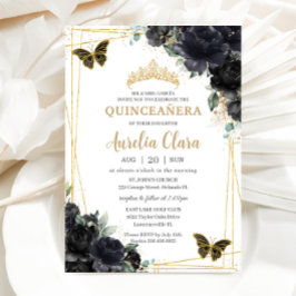 Quinceañera Black Floral Rose Schmetterlinge Gold Einladung