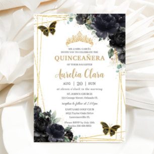 Quinceañera Black Floral Rose Schmetterlinge Gold Einladung