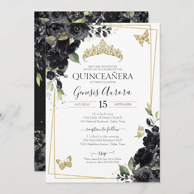 Quinceañera Black Gold Aquarellblume Einladung (Vorne/Hinten)