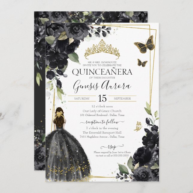 Quinceañera Black Gold Blume Quincy Dress Einladung (Vorne/Hinten)