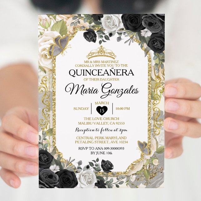 Quinceañera Black & Gold Crown Mexican Butterfly Einladung (Von Creator hochgeladen)