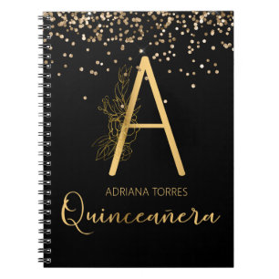 Quinceanera Black Gold Floral A Monogram Notebook Notizblock