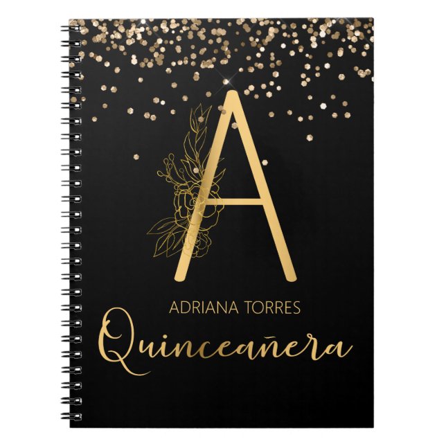 Quinceanera Black Gold Floral A Monogram Notebook Notizblock (Vorderseite)