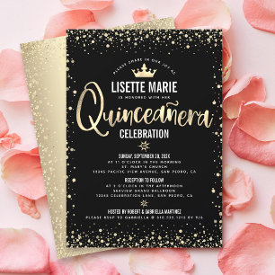 Quinceañera Black Gold Foil Glitzer Princess Crown Einladung