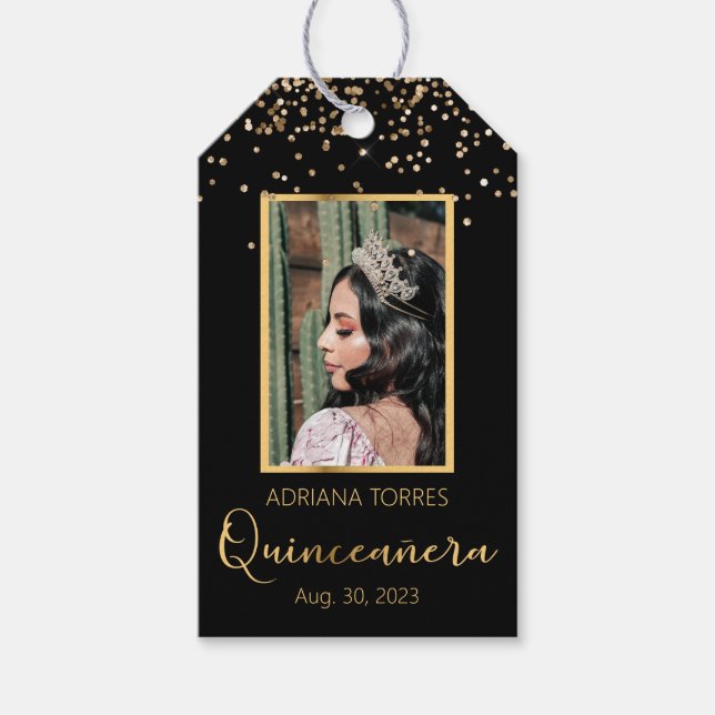 Quinceanera Black Gold Foto Gefälligkeitstag Geschenkanhänger (Vorderseite)