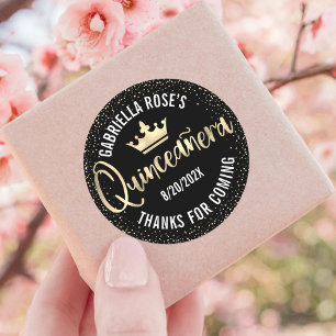Quinceañera Black Gold Glitzer Foil Crown Script Runder Aufkleber