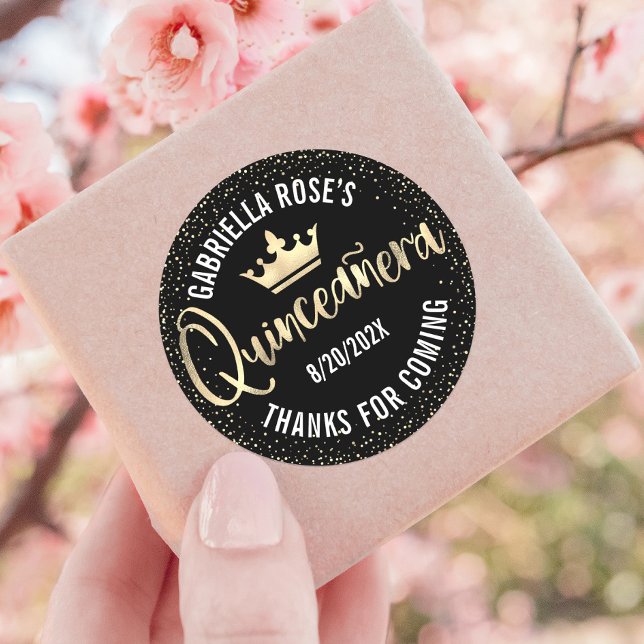 Quinceañera Black Gold Glitzer Foil Crown Script Runder Aufkleber (Von Creator hochgeladen)