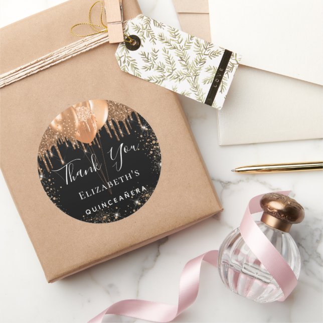 Quinceanera Black Gold Glitzer Name Vielen Dank Runder Aufkleber (Schenken)