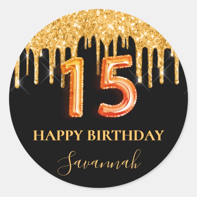 Quinceanera Black Gold Glitzer Party Ballon-Stil Runder Aufkleber (Vorderseite)