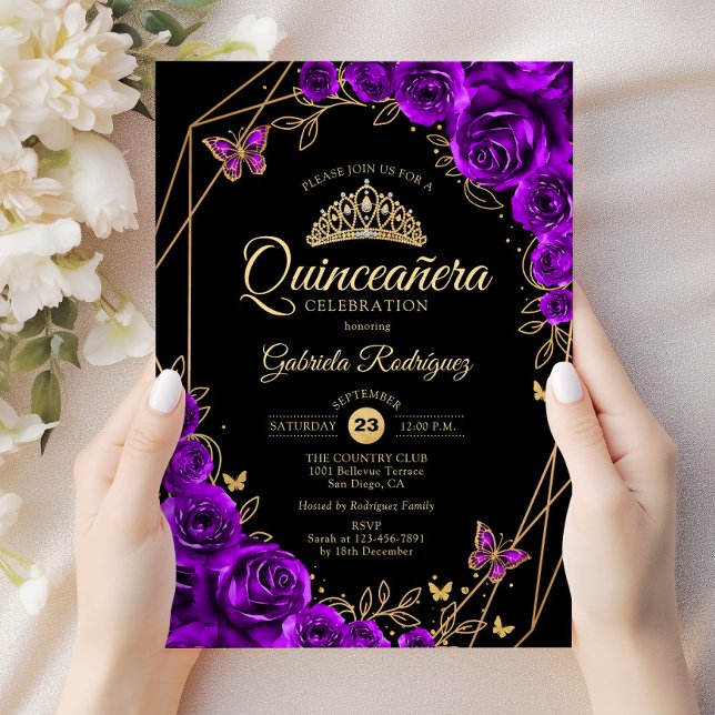 Quinceanera Black Gold Lila Einladung (Von Creator hochgeladen)