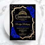 Quinceanera - Black Gold Royal Blue Einladung<br><div class="desc">Gold schwarze königsblaue Quinceanera Feier Einladung. Enthält Skript-Schriftart,  königsblaue Rose,  Tiara und Konfetti. Klassisches saphir blaues Design mit Imitaten Glitzer Gold. Ideal für eine elegante Glamour.</div>