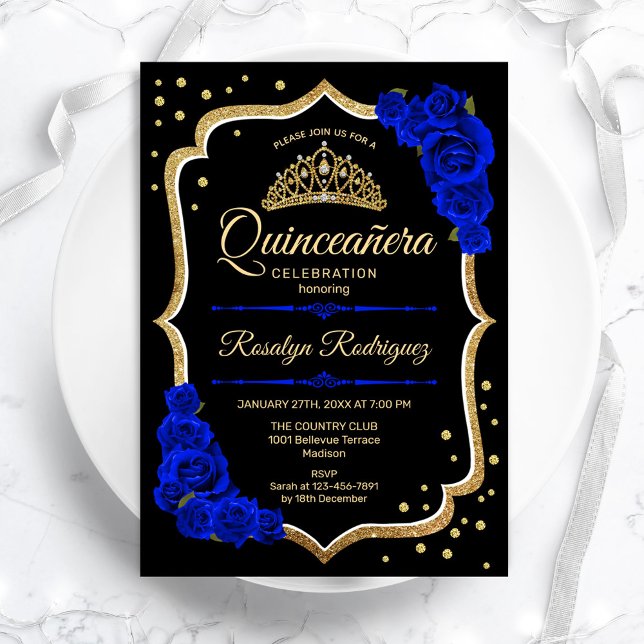 Quinceanera - Black Gold Royal Blue Einladung (Von Creator hochgeladen)