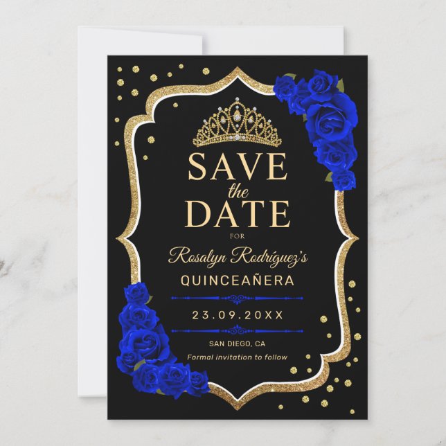Quinceanera Black Gold Royal Blue Save The Date (Vorderseite)