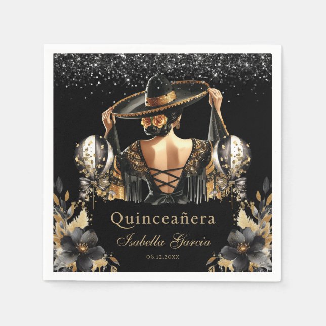 Quinceañera Black Gold Wasserfarbe Mexikanisches M Serviette (Vorderseite)