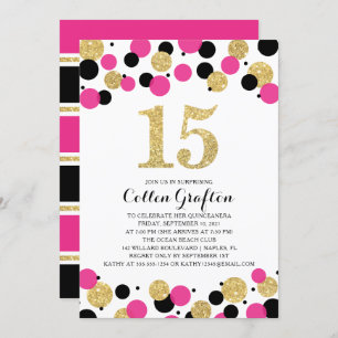 Quinceanera Black Hot Pink Gold Glitzer Confetti Einladung