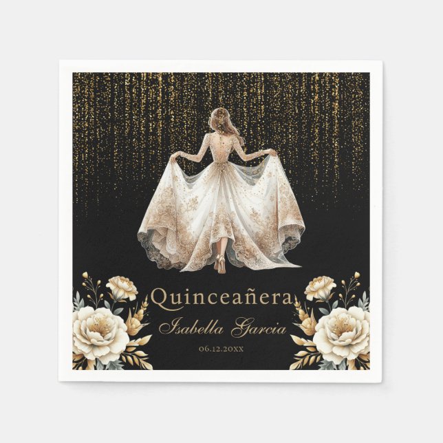 Quinceañera Black Ivory Gold Wasserfarbe Serviette (Vorderseite)