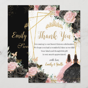 Quinceanera Black Pink Floral Twins Prinzessinnen Dankeskarte
