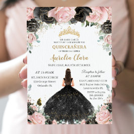 Quinceañera Black Pink Roses Floral Princess Kleid Einladung
