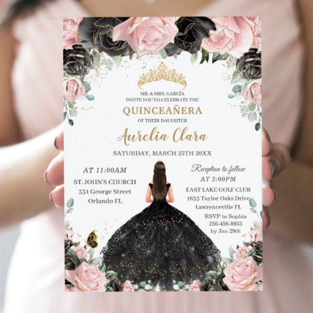 Quinceañera Black Pink Roses Floral Princess Kleid Einladung (Von Creator hochgeladen)
