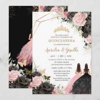 Quinceañera Black Pink Roses Floral Prinzessin Twi Einladung