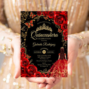 Quinceanera Black Red Gold Einladung
