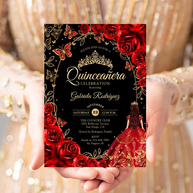 Quinceanera Black Red Gold Einladung (Von Creator hochgeladen)