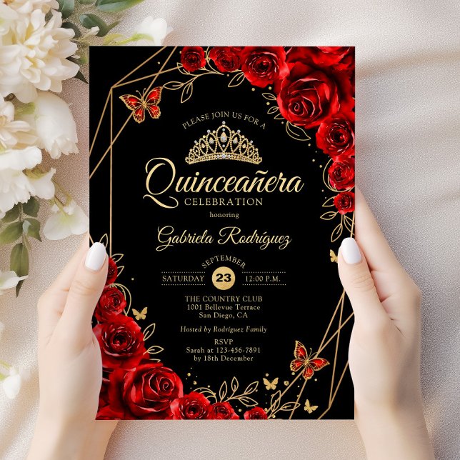 Quinceanera Black Red Gold Floral Einladung (Von Creator hochgeladen)