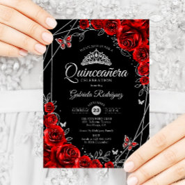 Quinceanera Black Red Silver Floral Einladung