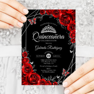 Quinceanera Black Red Silver Floral Einladung