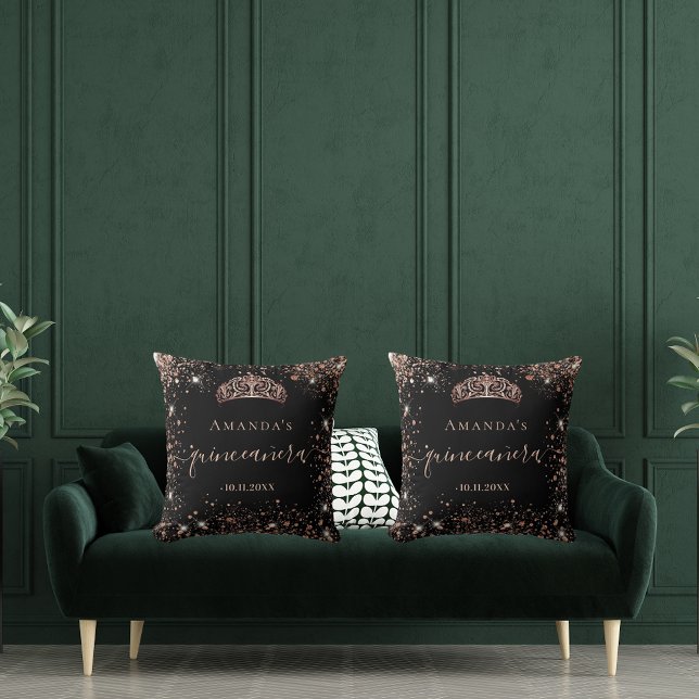 Quinceanera Black Rose Gold Tiara Namenskript Kissen (Von Creator hochgeladen)