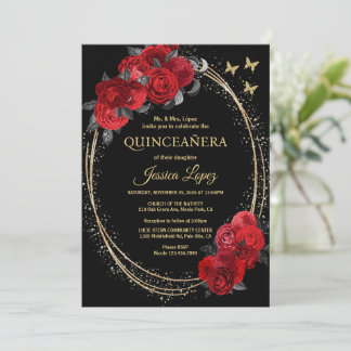 Quinceanera Black Rote Rosen Blume Gold Butterfly Einladung