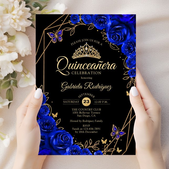 Quinceanera Black Royal Blue Einladung (Von Creator hochgeladen)