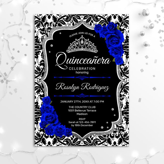 Quinceanera - Black Royal Blue Silver Einladung (Von Creator hochgeladen)
