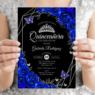 Quinceanera Black Royal Blue Silver Floral Einladung
