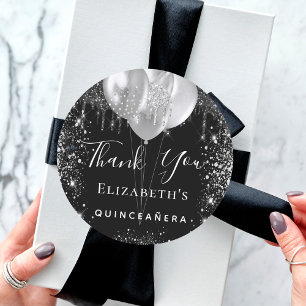 Quinceanera Black silber Glitzer Name vielen Dank Runder Aufkleber
