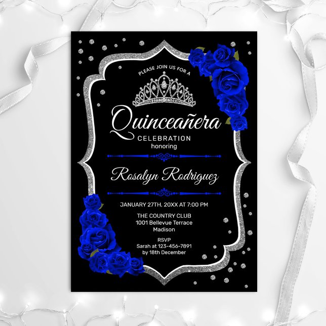 Quinceanera - Black Silver Royal Blue Einladung (Von Creator hochgeladen)