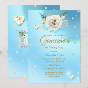 Quinceanera Blau Gold Glitter Rose Blumen Einladung