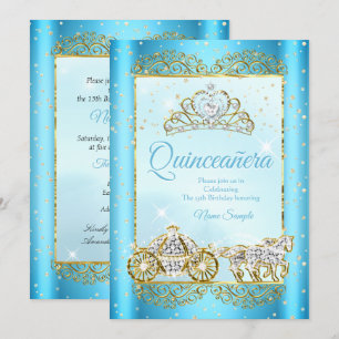 Quinceanera Blau Gold Märchen Aschenputtel Einladung