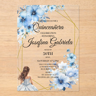 Quinceanera blaue Blumen Acryleinladungen