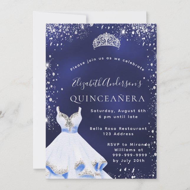 Quinceanera blauen Glitzer Kleid tiara Einladung (Vorderseite)