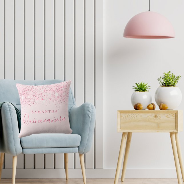 Quinceanera Blink Pink Glitzer Namenskript Kissen (Von Creator hochgeladen)