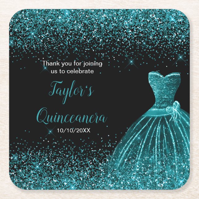 Quinceanera Blue Aquamarin Imitats Glitzer Rechteckiger Pappuntersetzer (Vorderseite)