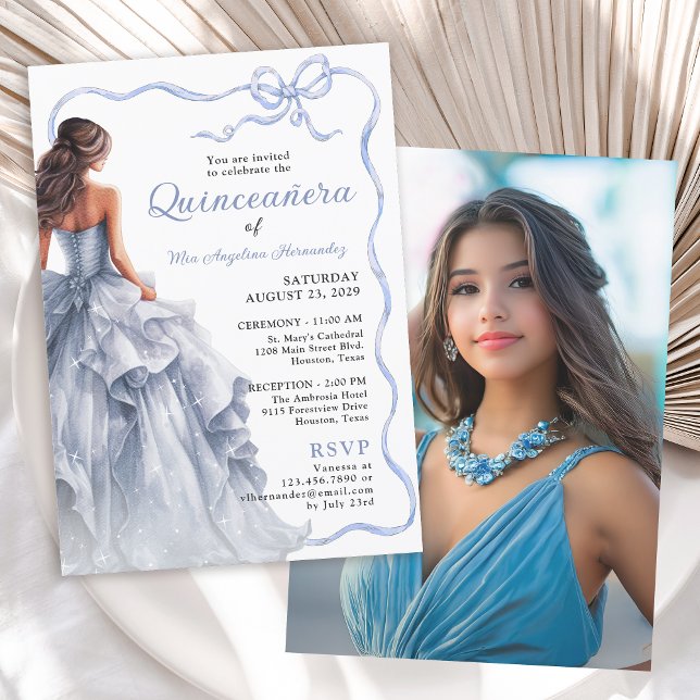Quinceañera Blue Dress Scallope Ribbon Bow Foto Einladung (Invitation available in both printed and instant download digital formats.)