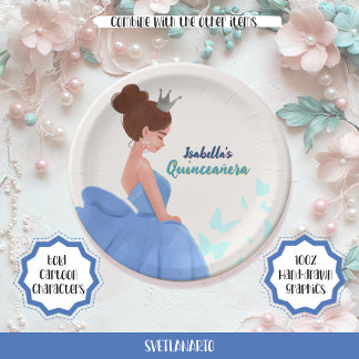 Quinceañera Blue Elegant Princess Paper Plate Pappteller
