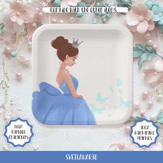 Quinceañera Blue Elegant Princess Paper Plate Pappteller