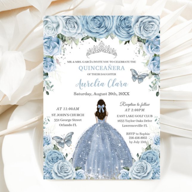 Quinceañera Blue Floral Butterfliegen Silver Tiara Einladung (Von Creator hochgeladen)
