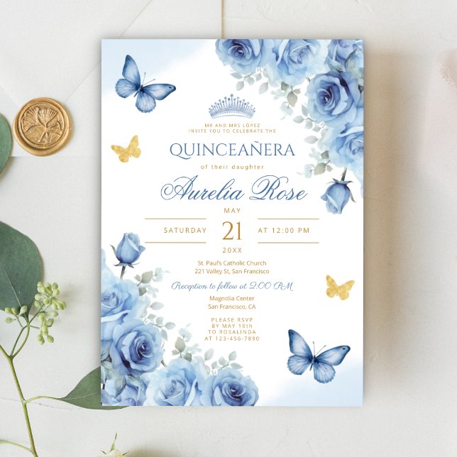 Quinceañera Blue Floral Gold Butterfly Tiara Einladung (Von Creator hochgeladen)