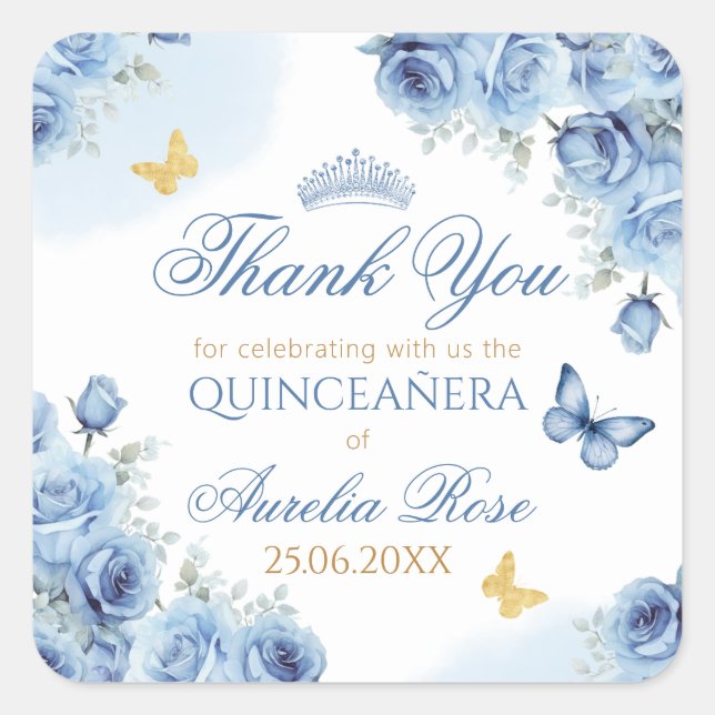 Quinceañera Blue Floral Gold Butterfly Tiara Quadratischer Aufkleber (Vorderseite)
