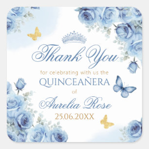 Quinceañera Blue Floral Gold Butterfly Tiara Quadratischer Aufkleber