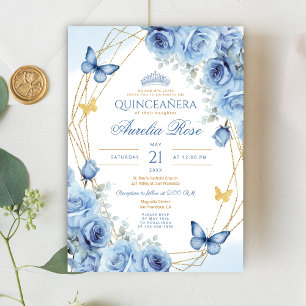 Quinceañera Blue Floral Gold Rahmen Butterfly Crow Einladung